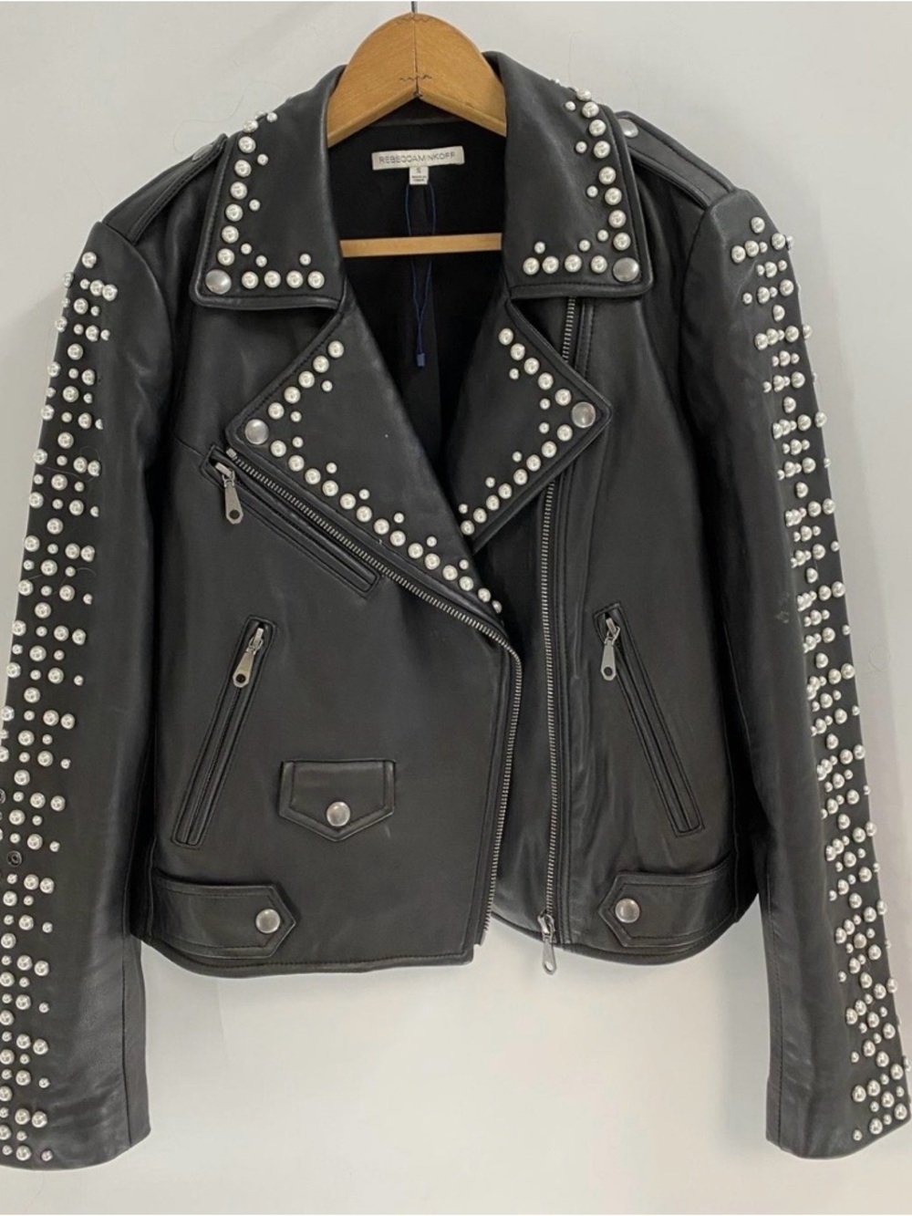 NWOT  Rebecca Minkoff Lambskin Pearl Studded Moto Jacket.  Size S